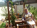 Деревянные столики женщина, столики, стулья, цветы